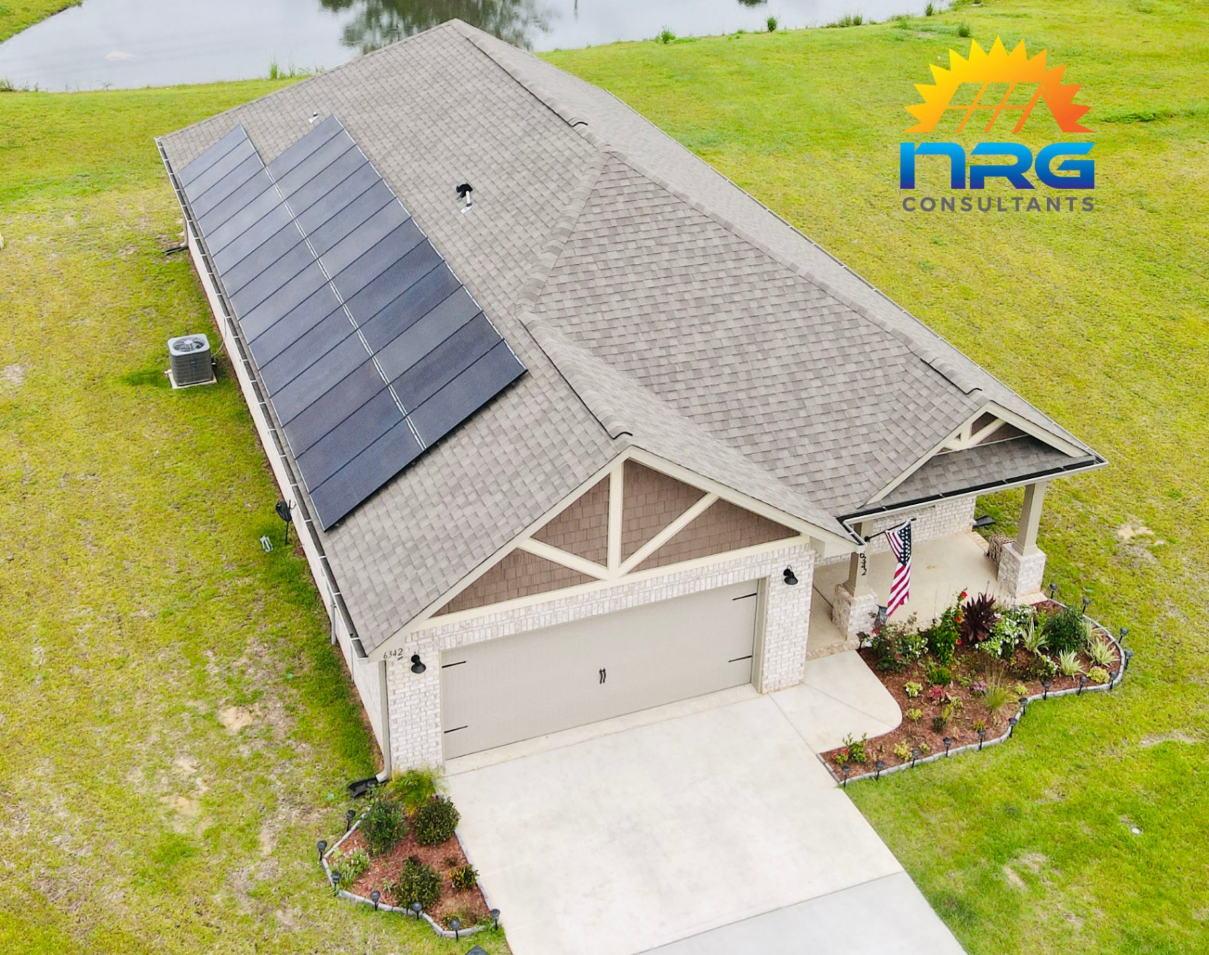 Aerial view of an NRG Solar Solutions install on a Pensacola home
